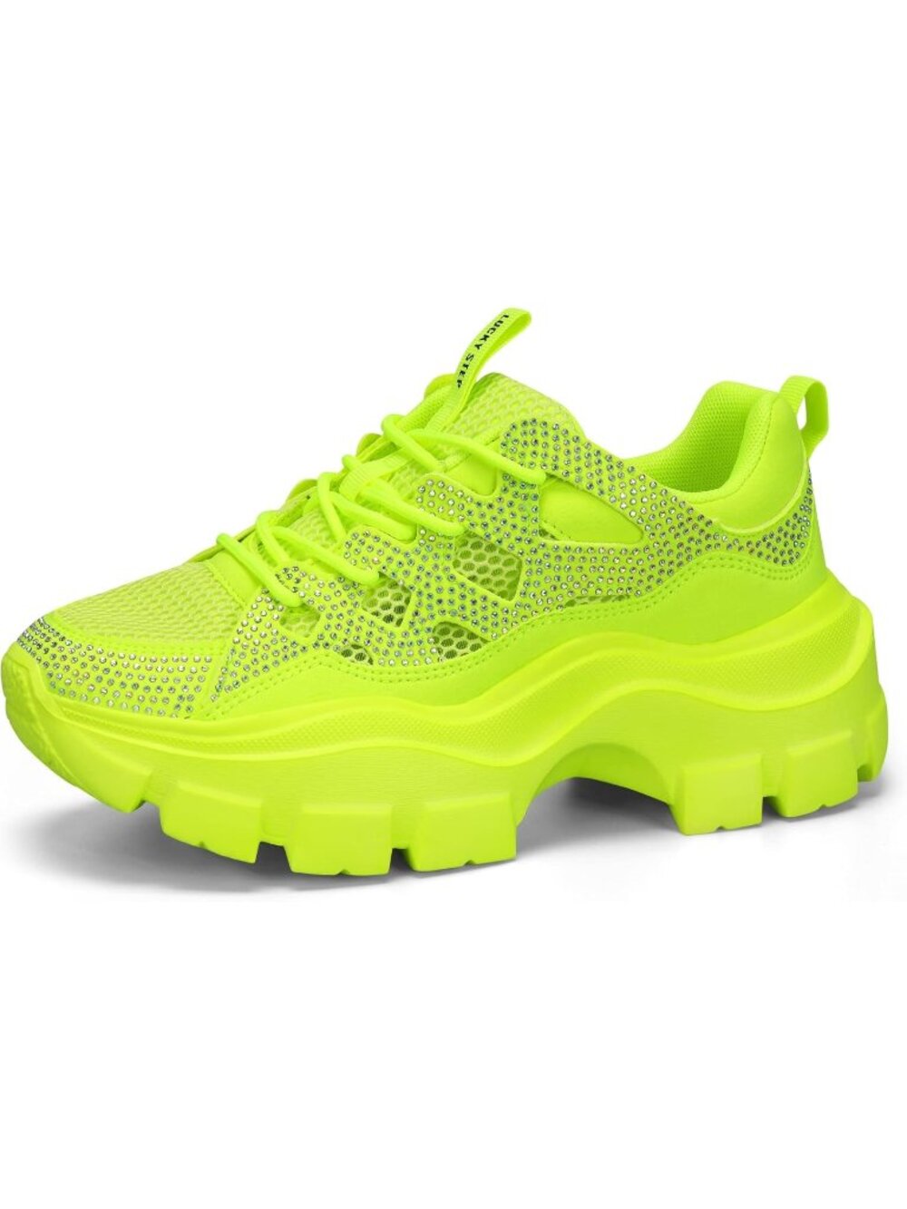 Women's Neon Yellow Rhinestone Lace-Up Color Block Chunky Platform Sneakers
